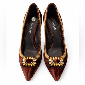 Hype Chocolate Velvet Heels with Gold Accents